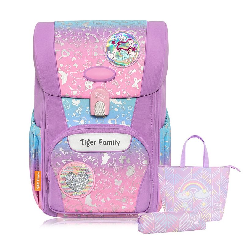 Tiger Family Feiyue Child Safety Lamp Ultra-Lightweight Spine Protector School Bag Pro 2S-Pink Purple Paradise - กระเป๋าเป้สะพายหลัง - วัสดุกันนำ้ สีม่วง