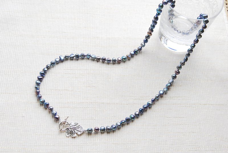 Navy Blue Pearl Long Necklace Grape Leaves Mantel