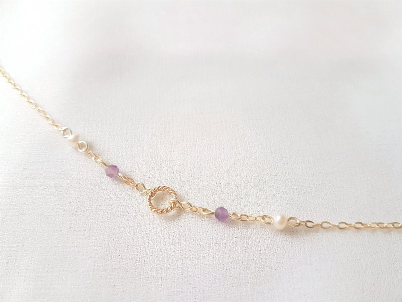 Sunset‧ Amethyst Pearl Thin Bracelet February Birthstone - Bracelets - Crystal Purple