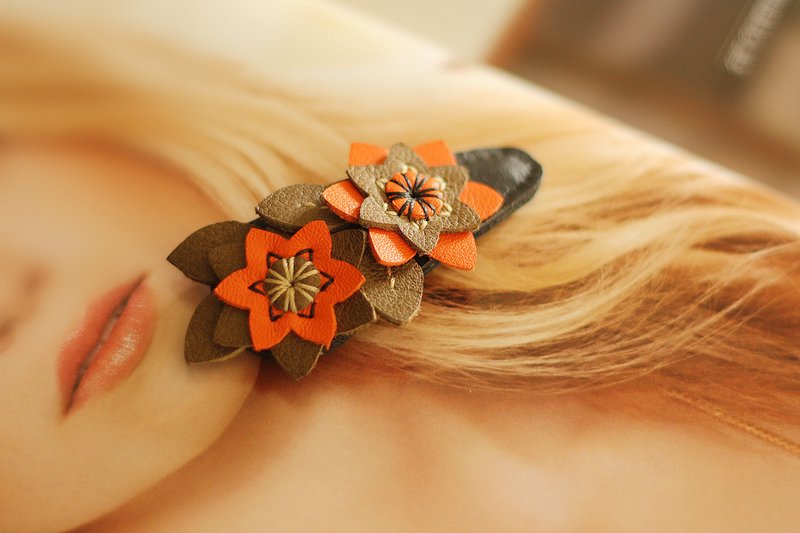 Genuine Leather Series | Original Design, Entirely Hand-Stitched | Flower | Hair Clip, Hair Accessories | - Hair Accessories - Genuine Leather Orange