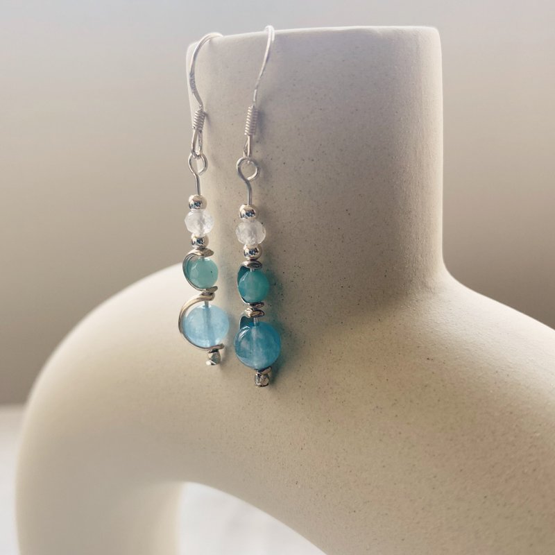 Summer aqua blue sterling silver earrings/natural stone moonstone - ต่างหู - เงินแท้ สีเงิน