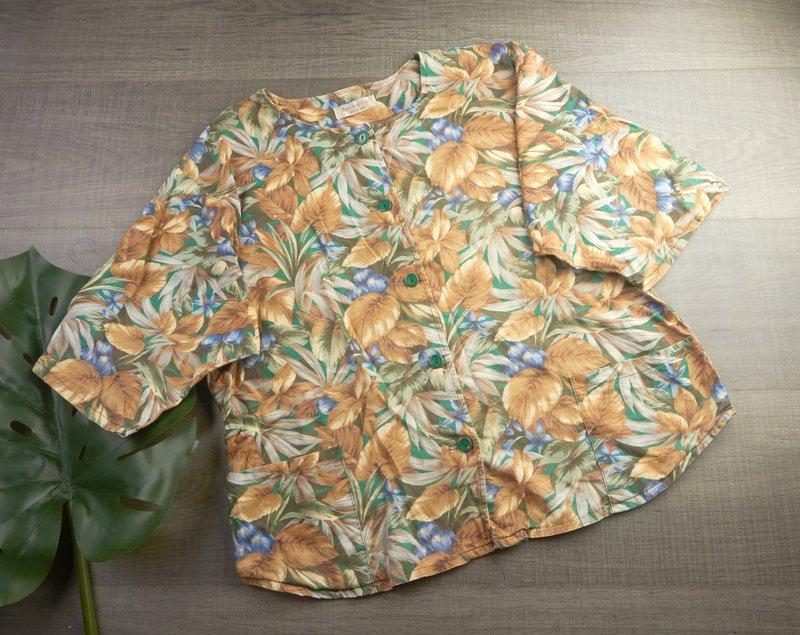 加大碼 | 復古女式花卉印花棉質上衣| 女士復古服裝| 復古襯衫 | - 女襯衫 - 其他材質 綠色