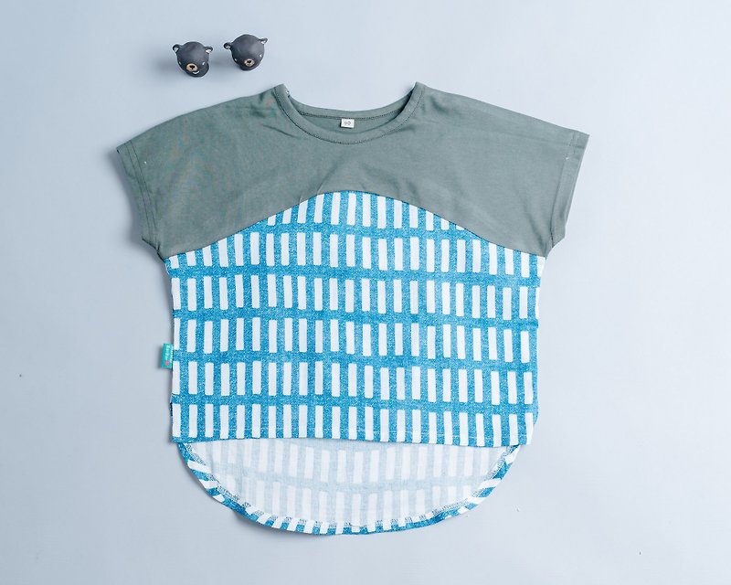 Short-sleeved shirt light 2vs geometry 1-yarn - Tops & T-Shirts - Cotton & Hemp Blue