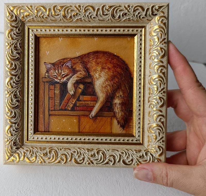 Red Cat oil painting Cat Art 10*10 cm - วาดภาพ/ศิลปะการเขียน - โลหะ สีทอง