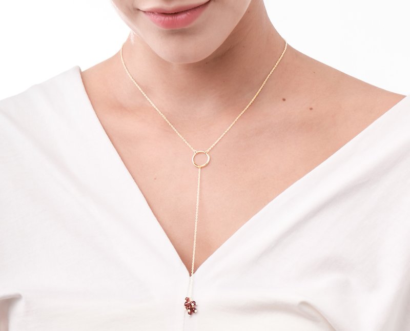 Lariat Y layering drop garnet necklace-Long January birthstone silver necklace