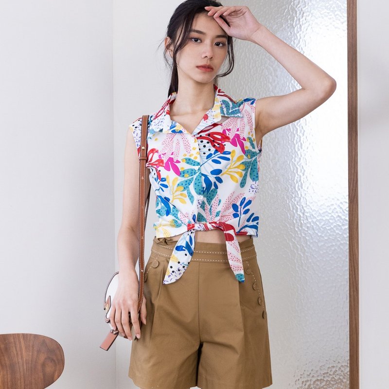 【MEDUSA】夏日花卉綁結無袖襯衫(M-XL) | 女休閒上衣 度假穿搭 - 女襯衫 - 棉．麻 多色