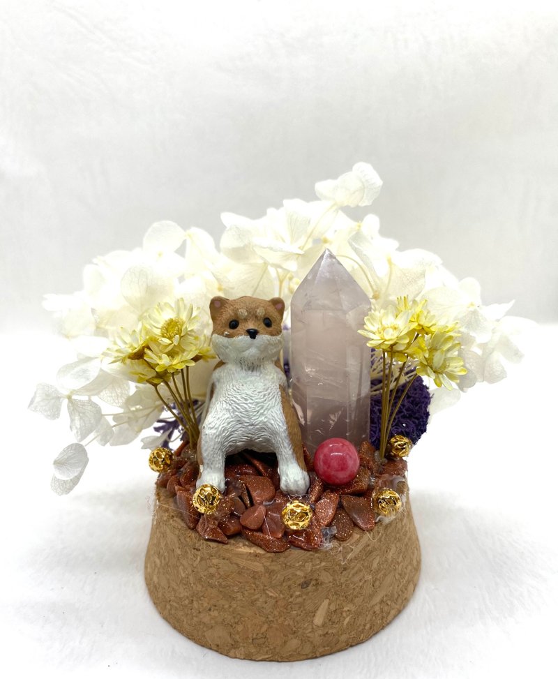 Shiba Inu and Pink Quartz Column/ Stone-Crystal Doll Dried Flower Arrangement - ของวางตกแต่ง - คริสตัล 