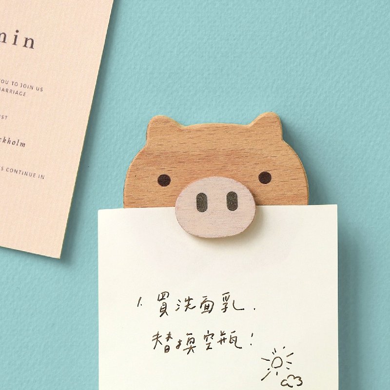 原木動物造型【磁鐵留言夾-小豬】 - 磁石貼/磁鐵 - 木頭 咖啡色