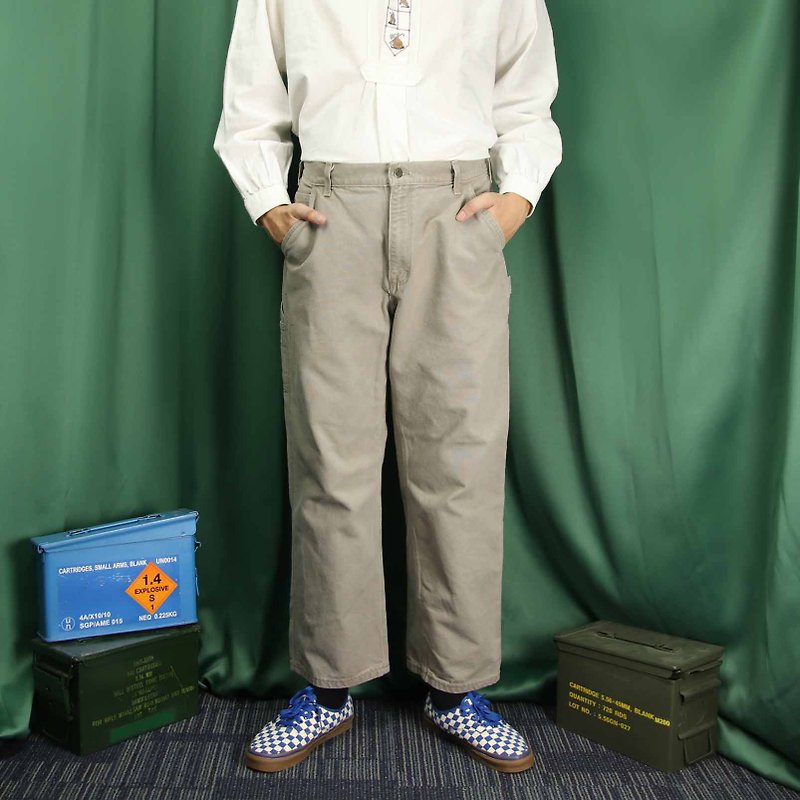 Tsubasa.Y Vintage House A06 Light Gray Carhartt Work Pants, Long Pants Wide Workwear - กางเกงขายาว - ผ้าฝ้าย/ผ้าลินิน 