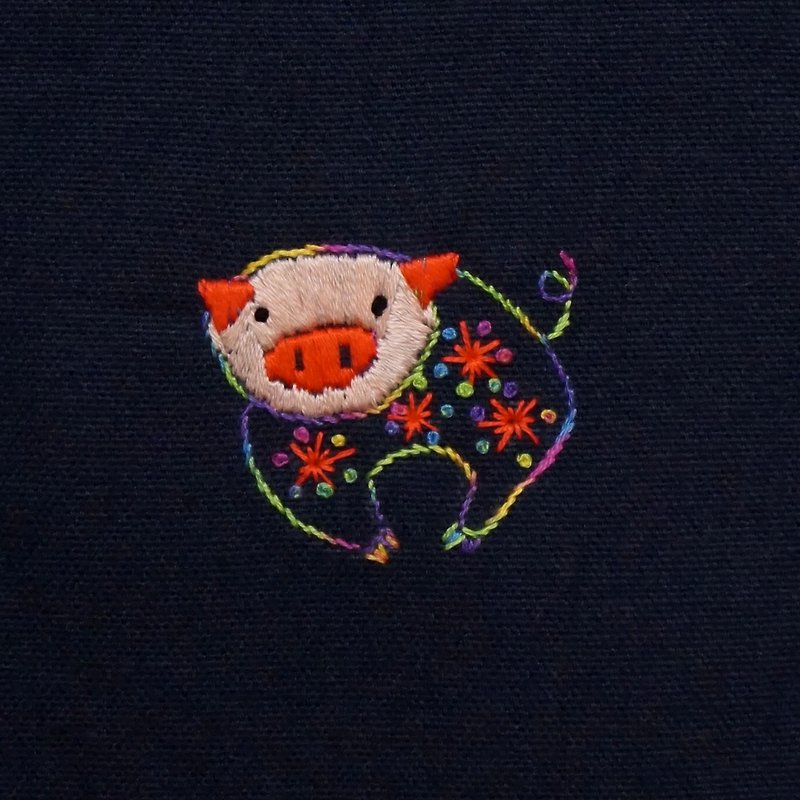 干支手刺繍入りトートバック「豚」[受注制作] - トート・ハンドバッグ - 刺しゅう糸 ブルー