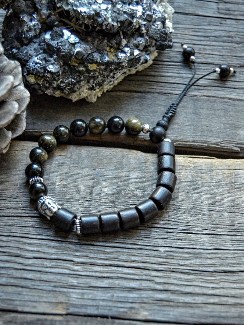 Black Ebony and Obsidian Bracelet with Silver Buddha Rosary - 手鍊/手環 - 木頭 黑色