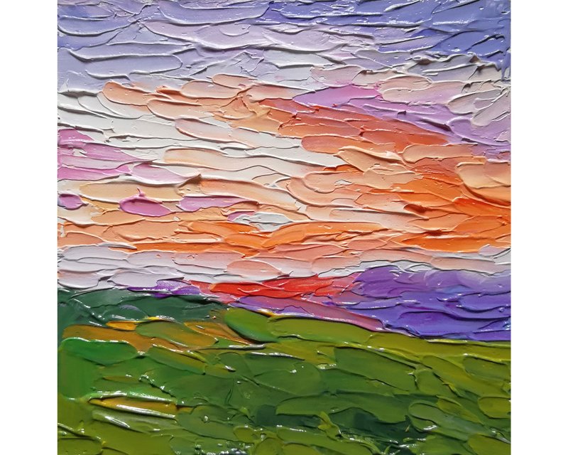 Sunrise Oil Painting Landscape Original Art Impasto Wall Art Nature Abstract - โปสเตอร์ - วัสดุอื่นๆ หลากหลายสี