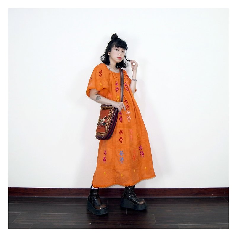 A‧PRANK :DOLLY :: Vintage VINTAGE Handmade Embroidered Retractable Collar Dress (D804043) - One Piece Dresses - Cotton & Hemp Orange