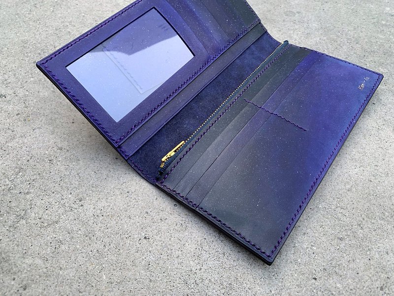 Hand Dyed Leather Long Wallet Long Clip Purple Blue Black Starry Sky - Wallets - Genuine Leather Black