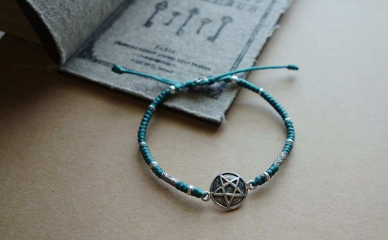 Bears ~ ~ m + 925 sterling silver pentacle pentagram silk fine waxed thread woven bracelet bracelet / 925 pentagram silver bracelet - Bracelets - Other Metals Green