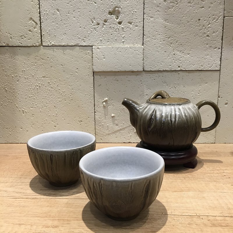 手雕樹皮壺組 手作 雙層茶杯 特殊技術 - 茶壺/茶杯/茶具 - 陶 咖啡色
