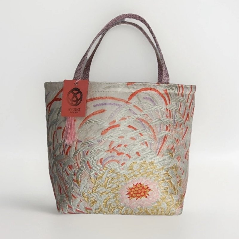 獨一無二真絲和服袋帶托特包, 日本手工刺繡升級改造包, 和風藝術 - 手提包/手提袋 - 絲．絹 粉紅色