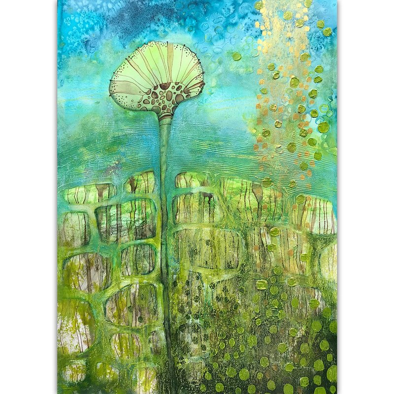 藍綠的熱帶花卉繪畫藍綠色原創藝術幻想牆藝術 - 海報/掛畫 - 紙 綠色