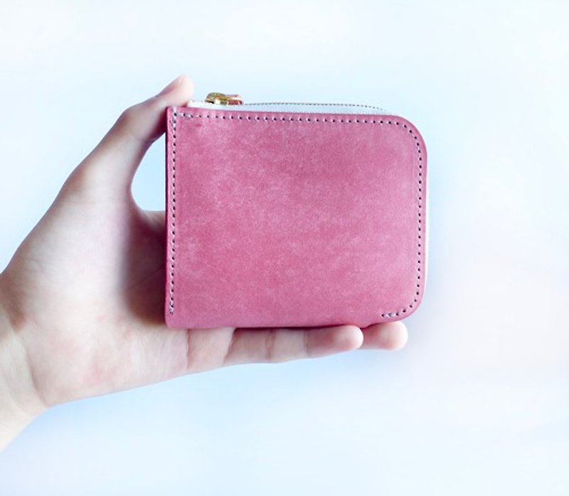 Coral pink half wallet (using Italian leather MAYA) Selectable zipper color ☆ Compact wallet - กระเป๋าสตางค์ - หนังแท้ 