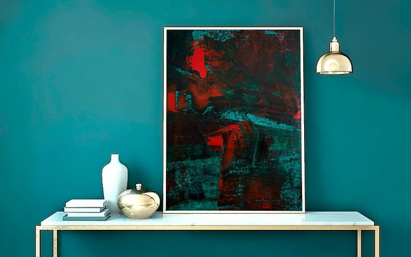 Lady in Red Dark Blue Abstract Oil Painting Trendy Wall Art Bedroom Wall Decor