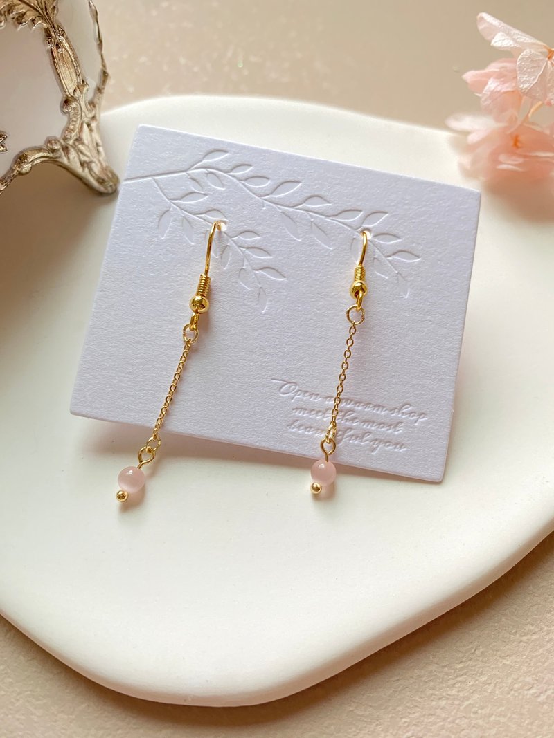 [Kimiko Handmade Jewelry] Pink Stone Long Thin Chain Earrings - Earrings & Clip-ons - Stone Pink