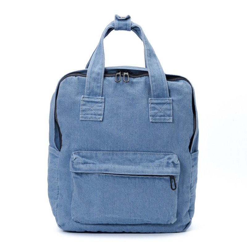 Light blue denim canvas square casual backpack - กระเป๋าเป้สะพายหลัง - ผ้าฝ้าย/ผ้าลินิน สีน้ำเงิน