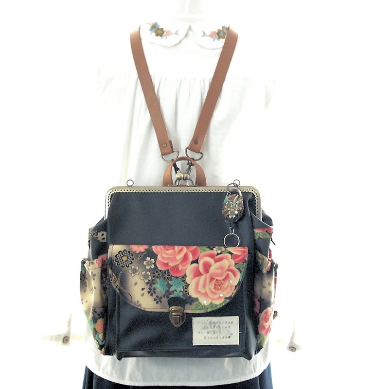 3 WAY back pocket & right zipper attaching backpack full set Japanese pattern Bl - 後背包/書包 - 真皮 黑色