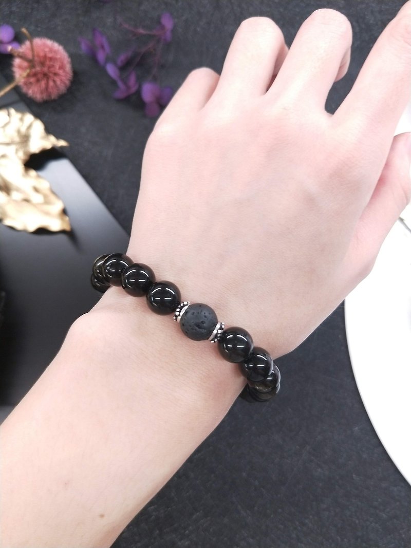 [Couple models] Obsidian*Black Mountain Rock*Silver Bead Bracelet Valentine&#39;s Day Gift