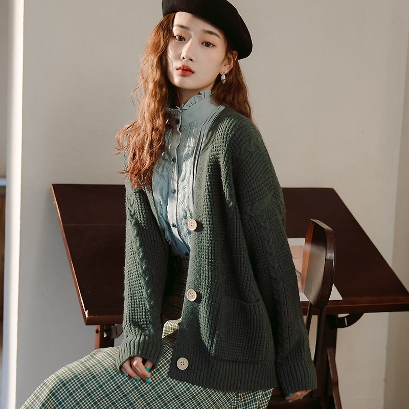 [Autumn Sleep] Knit Cardigan Jacket Women's Thin Early Autumn Sweater Jacket - Women's Sweaters - Polyester Green