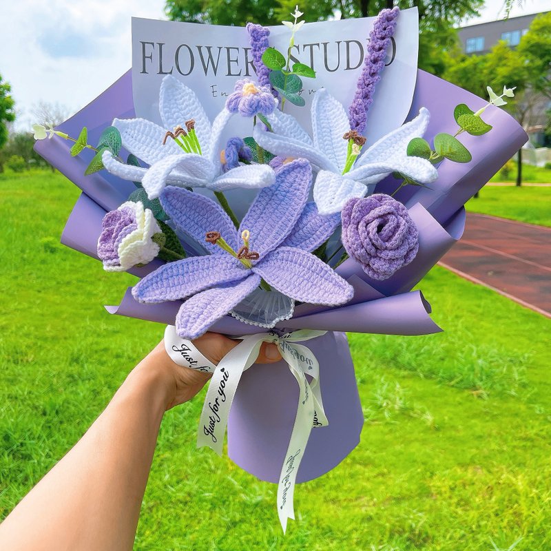 Handmade Crocheted Purple Flower Bouquet with Lilies, Roses, Lavender & More - Dried Flowers & Bouquets - Cotton & Hemp Purple