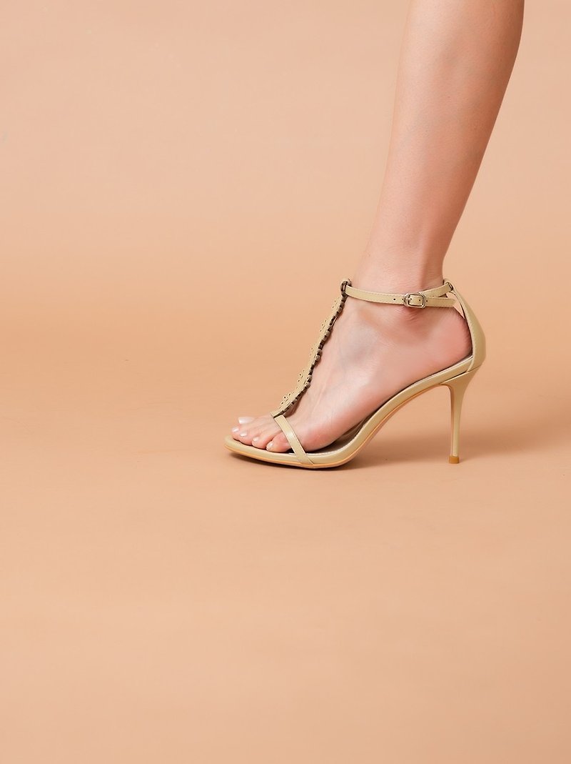 Petal strap with open toe stiletto sandals shallow khaki - รองเท้าส้นสูง - หนังแท้ สีกากี