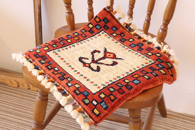 アイボリー×ブラウン 手織り 絨毯 座布団サイズ 羊毛 草木染め - 絨毯・カーペット - その他の素材 ブラウン