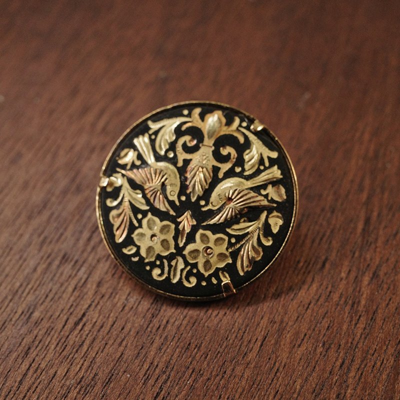 西班牙鑲嵌 歐風鑲嵌 大馬士革金屬鑲嵌工藝 花鳥 鑲金 胸針 - 胸針 - 24k 金 金色