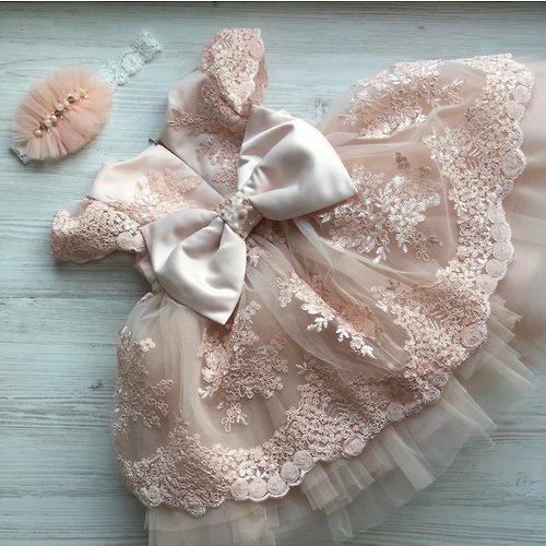 V.I.Angel Light peach dress with lace and pearls, headband with tulle and pearls.