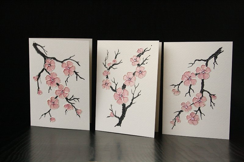 Hand-painted Greeting Cards, Postcards, Sakura Cards, Cherry Blossom, Set  of 3 - ที่เก็บนามบัตร - กระดาษ สึชมพู