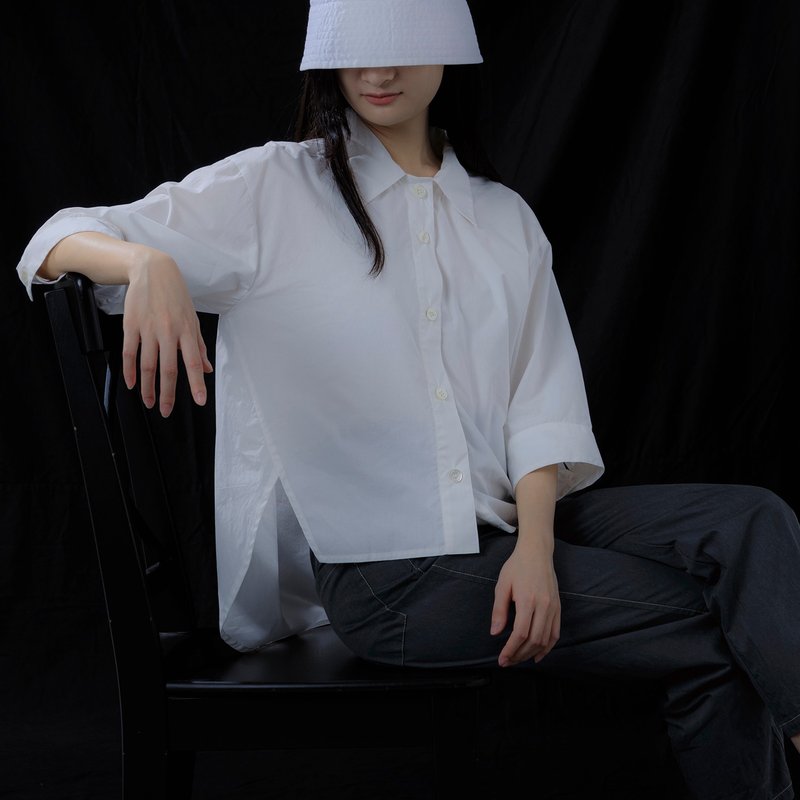 前短後長襯衫 - 女襯衫 - 棉．麻 白色