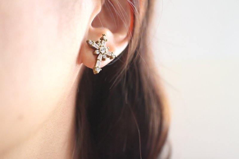 Cross romance-Brass zircon earrings - ต่างหู - ทองแดงทองเหลือง หลากหลายสี