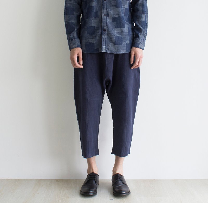 Panelled Linen Pants - กางเกงขายาว - ผ้าฝ้าย/ผ้าลินิน สีน้ำเงิน