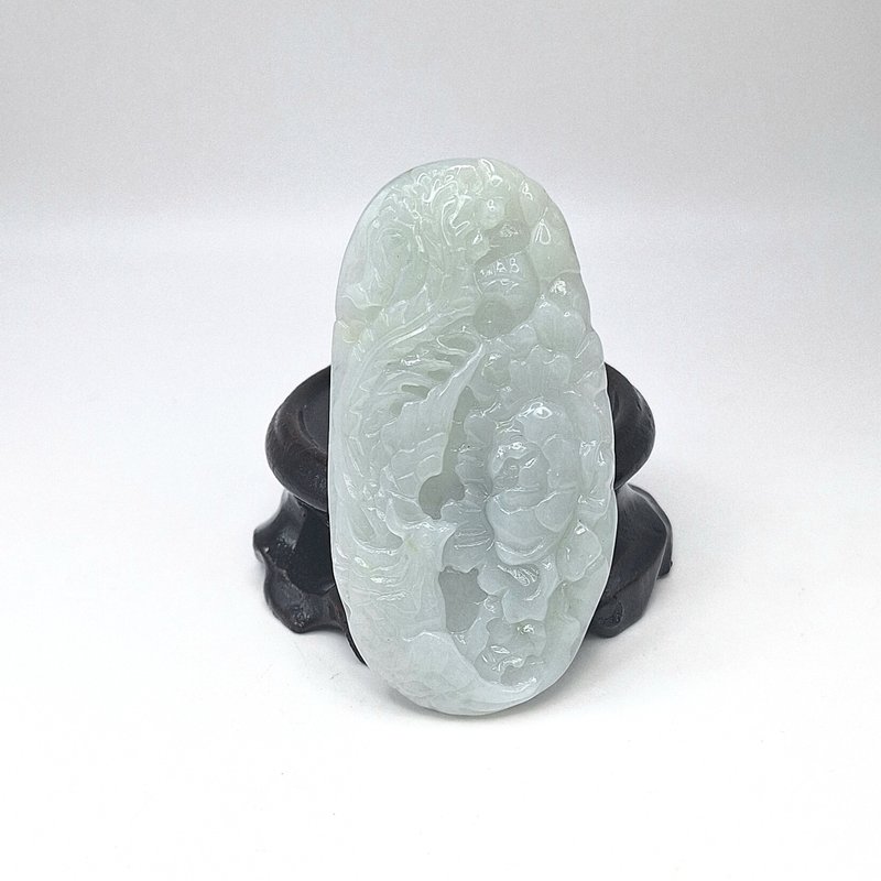 Blue background ice purple carved phoenix pendant | Natural Burmese jade A grade jadeite - Necklaces - Jade 