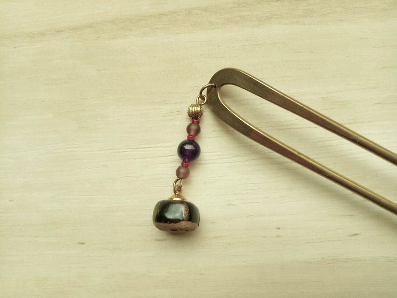 Amethyst black gold striped pottery hairpin - Hair Accessories - Pottery Black