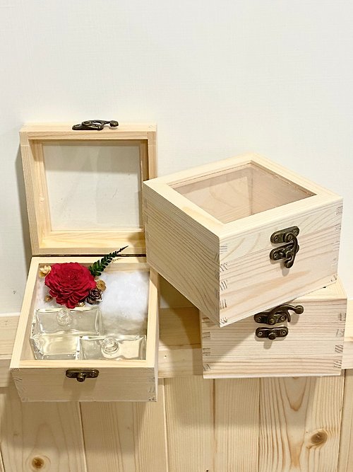 DF香水工坊 12x12x8cm空木盒-永生花木盒子木質包裝盒復古透明蓋首飾實木收納