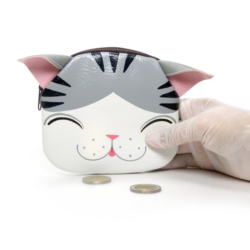 【雙11折扣】Gray and white cat coin purse ,small wallet bag with zip.various card poc - 零錢包/小錢包 - 人造皮革 白色