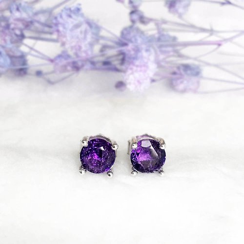 璃珠 RIJU |純銀珠寶| 紫水晶 S925 鑲嵌寶石四爪圓形經典耳釘