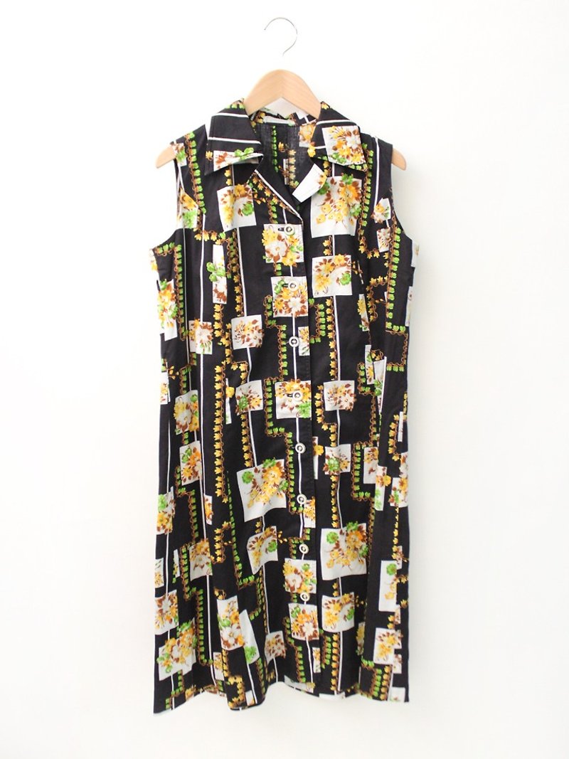 Retro 70s Coffee Black Print Sleeveless Loose Vintage Dress Vintage Dress - One Piece Dresses - Polyester Brown