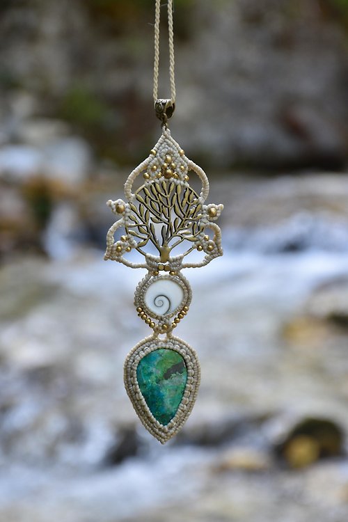 SARINAS Tree of Life chrysocolla necklace, labradorite and shiva eye macrame jewelry