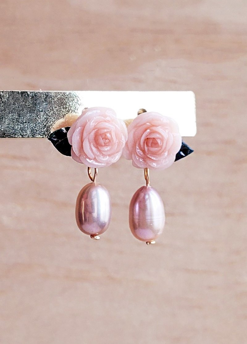 Pearl Powder Camellia 14K Gold-Packed Earrings/ Clip-On - Earrings & Clip-ons - Clay Pink