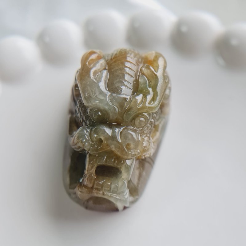 Natural Ice Yellow Dragon Protector Pendant | Natural Burmese Jade A Grade Jadeite - สร้อยคอ - หยก 