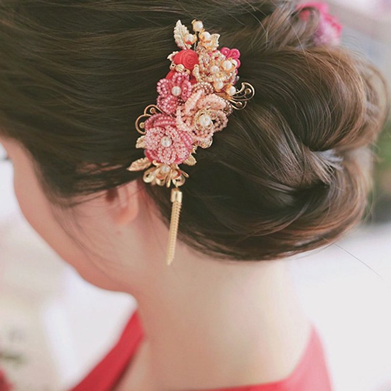 華麗新娘中式頭飾 - 串珠花型款,中式頭飾,新娘花飾,新娘飾物 - 髮飾 - 寶石 粉紅色