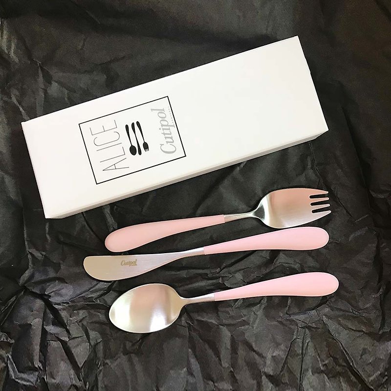 ALICE系列-粉紅銀霧面不銹鋼-16cm刀叉匙-3件組-原廠盒裝 - 餐具/刀叉湯匙 - 不鏽鋼 粉紅色