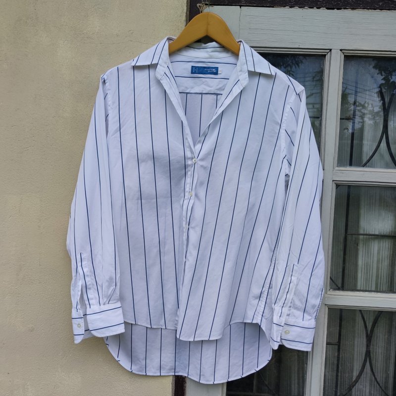 Makers Striped Button Up Shirt - เสื้อเชิ้ตผู้ชาย - ผ้าฝ้าย/ผ้าลินิน ขาว